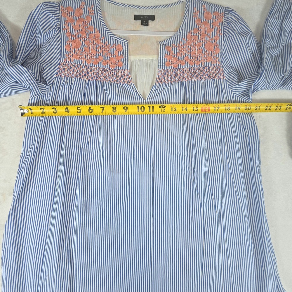 J Crew Embroidered Popover Blue White Striped‎ Tiered Above Knee Dress Sz Small - Picture 12 of 15